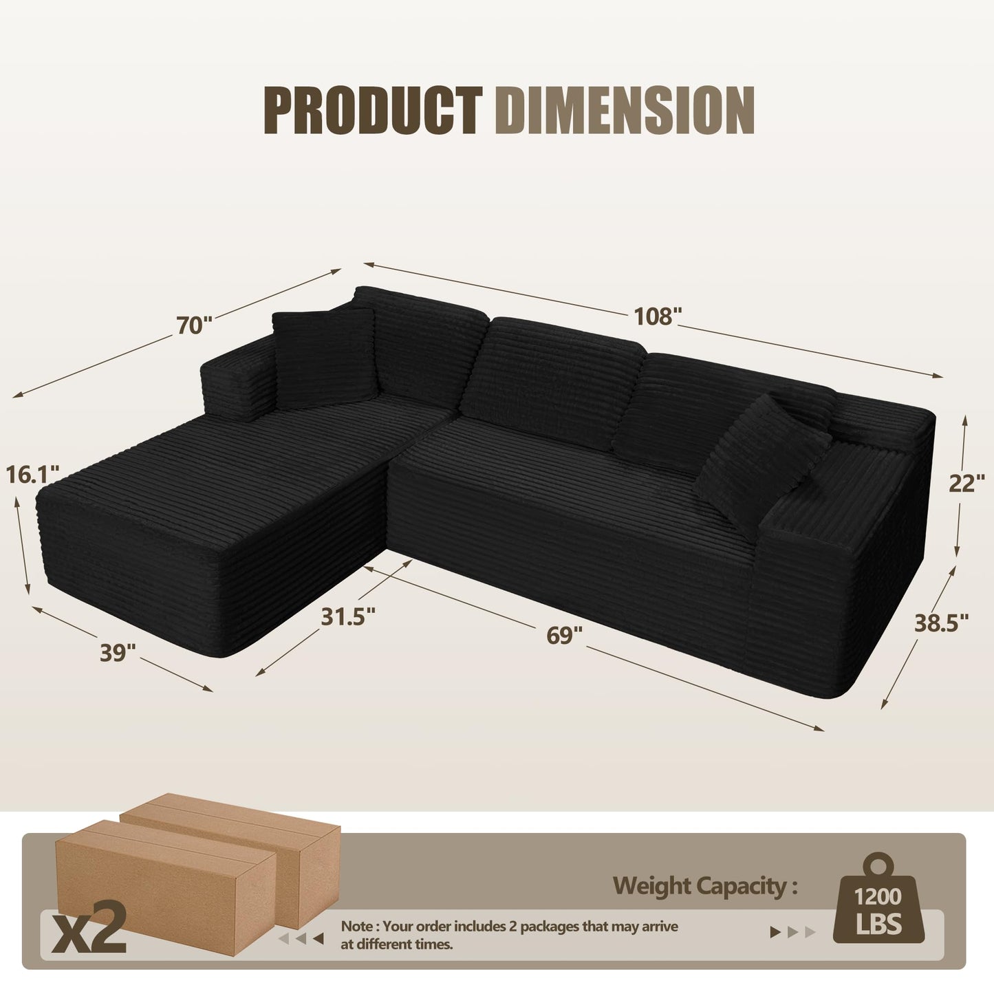 SaniCosi 108" Cloud Sectional Couch Sofa with L-Shape Chaise, Modern Modular Sofa Couch with Deep Seat, Upholstered Couches for Living Room Bedroom, No Assembly Required (Black)