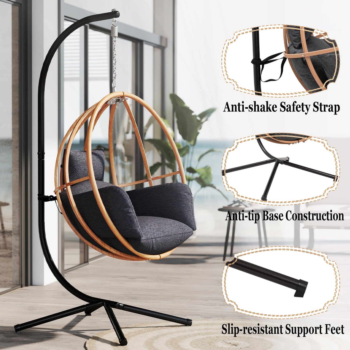 DAYAOUTDOOR Hanging Egg Chair with Stand, Egg Swing Chair Outdoor for Balcony, Patio Hanging Egg Chairs with Cushions for Relaxation in Bedrooms, Gardens, Black