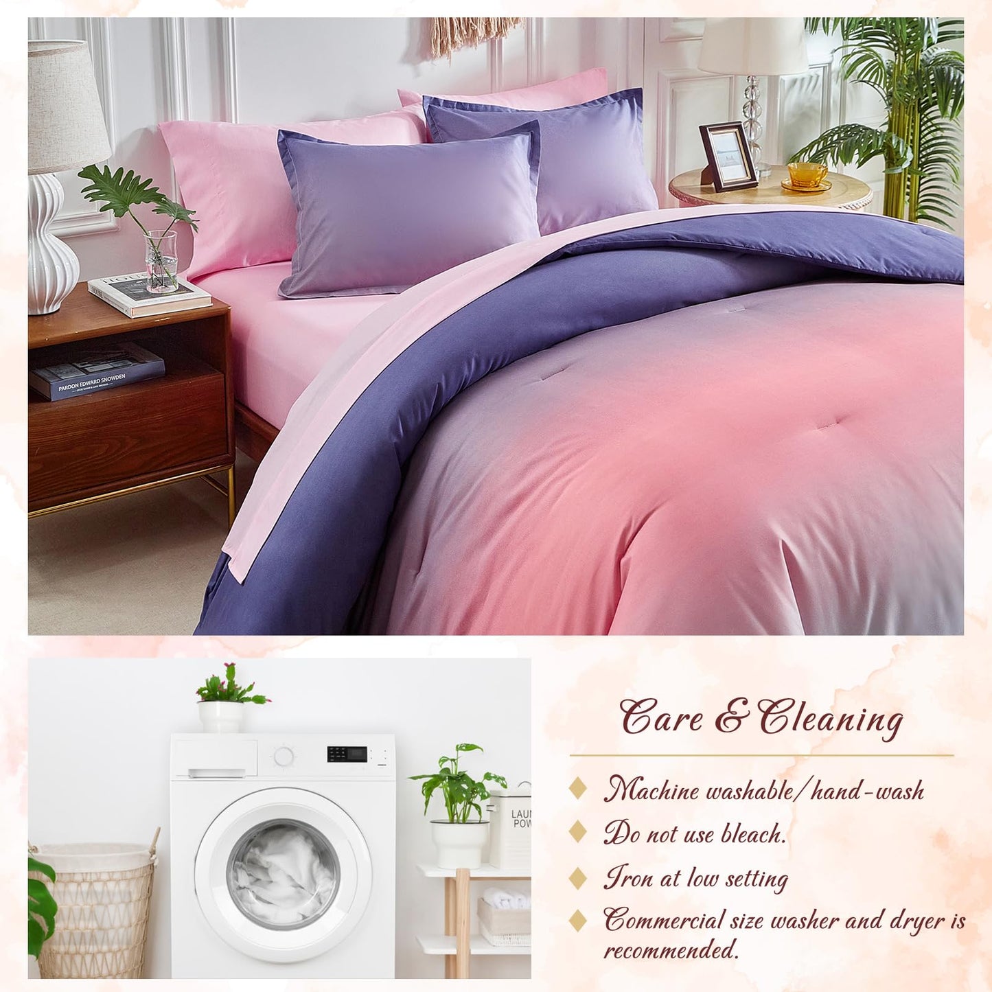 Grey Pink and Purple Gradient Comforter Set Twin Size 6 Pieces Elegant Ombre Bed in a Bag - Reversible All Season Bedding Set with Comforter, Flat Sheet, Fitted Sheet, Pillowcase & 2 Pillow Shams