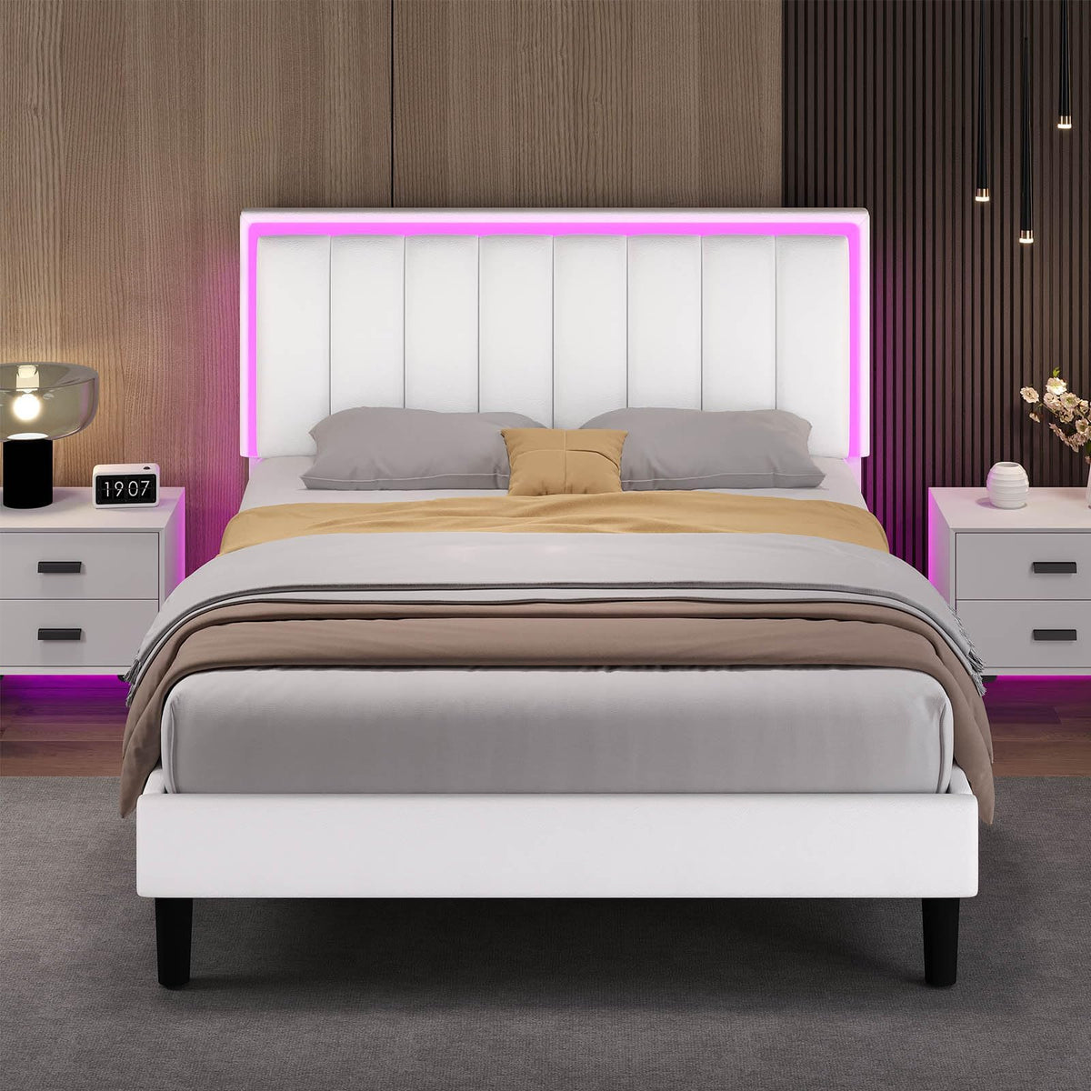 IMMERSTABLE Queen Bed Frame, Bed Frame Queen Size with LED Lights, Upholstered Queen Bed Frames with Headboard, Heavy Duty Wood Slats Support, Noise-Free, No Box Spring Needed, Easy Assembly, White