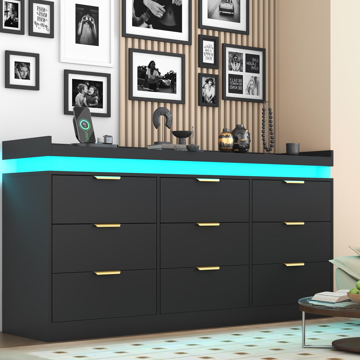 knoworld 9 Drawer Dresser for Bedroom, Black Dresser with LED Lights and Power Outlet, Large Dresser Wooden Long Dresser, Triple Wide Drawer Dresser for Bedroom, Entryway, Hallway