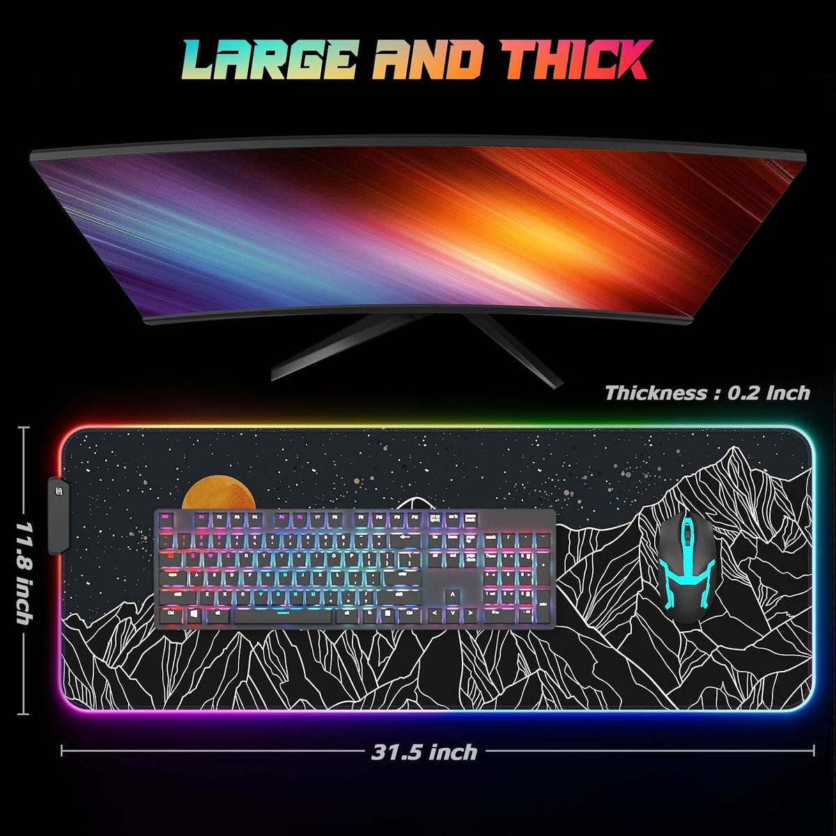 ITNRSIIET RGB Gaming Mouse Pad, Full Desk XL Extended Large Gaming Mousepad, 12 Lighting Modes 30% Thicker Big LED Desk Mat for Gamers, 32 x 12 inches, Starry Sky Moon