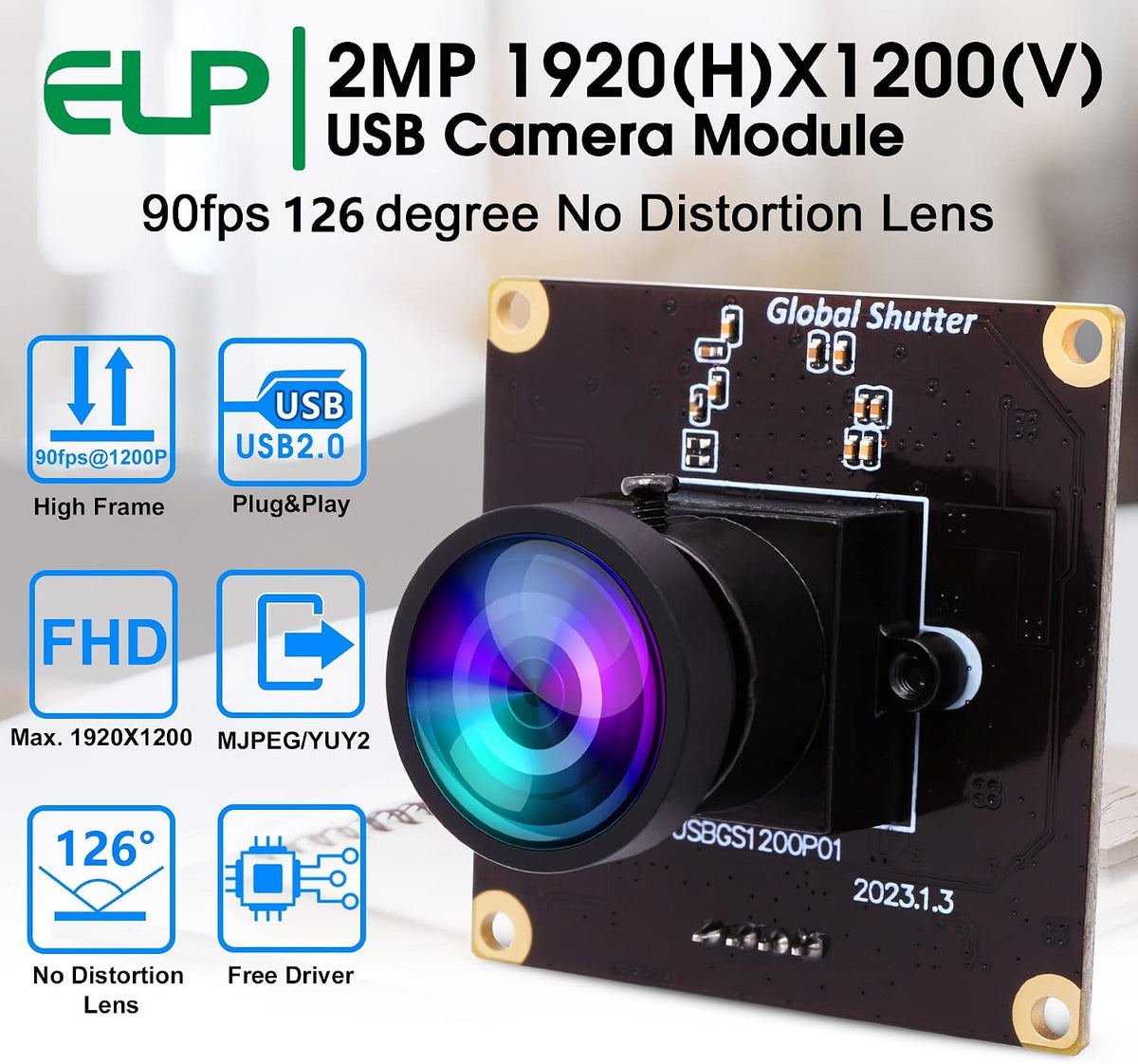 ELP Global Shutter USB Camera Module High Speed with Wide Angle Lens for Computer 1080P Mini UVC USB2.0 Webcam Board High Frame 90fps PC Camera for Laptop (100° no Distortion Lens)