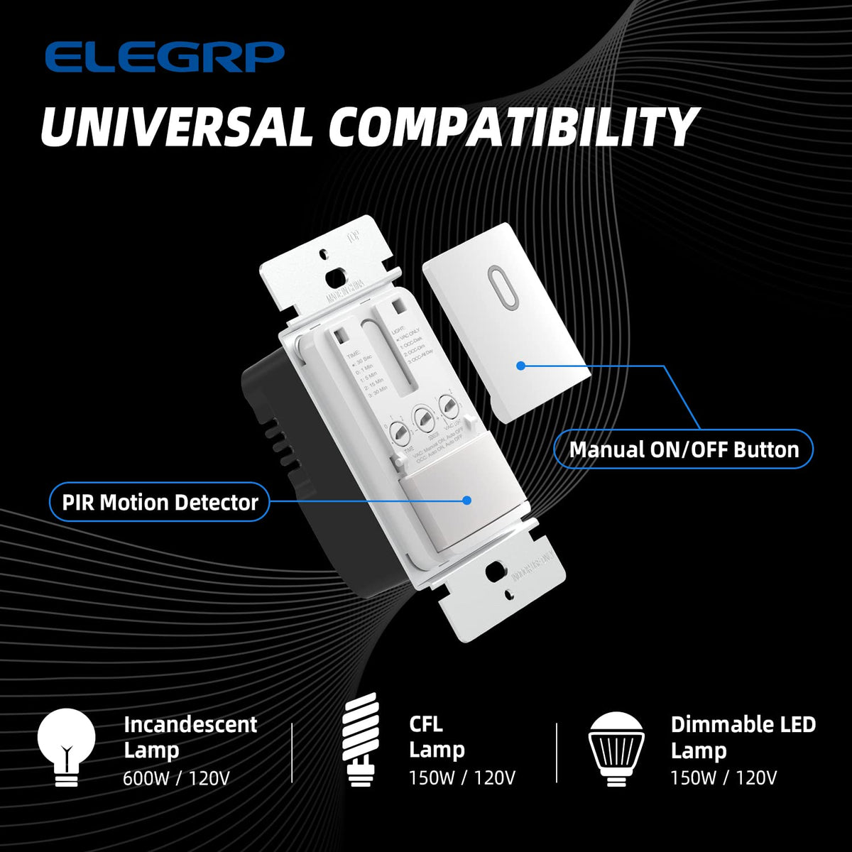 ELEGRP Motion Sensor Light Switch, for 300W LED Capacity, No Neutral Wire