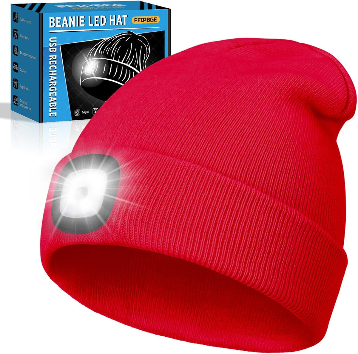 Beanie Hats with Light, USB Rechargeable LED Hand Free Headlamp, Ideal for Camping, Hiking, Mens Gifts, Birthday Gifts for Men, Women, Dad, Him, Husband, Adventurer, 1 Pack, Red