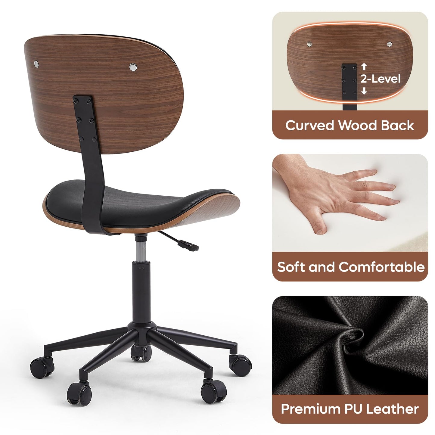 Bestier Small Office Chair with Bentwood Back Support, Armless Desk Chair with 360° Swivel, Height Adjustable Computer Chair with Wheels, PU Leather Modern for Office, Small Space, Black