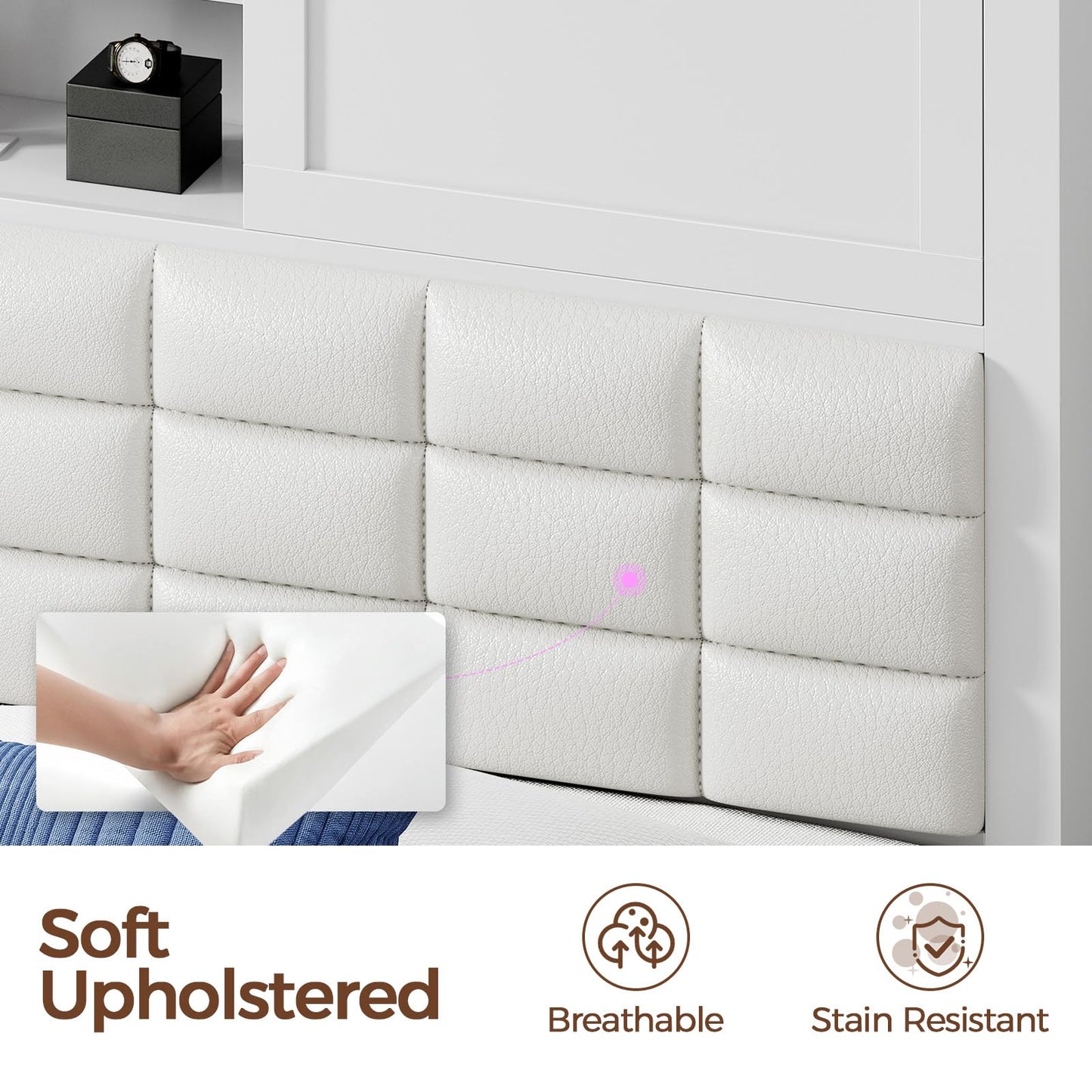 Rolanstar Queen Bed Frame with Charging Station, Bookcase Headboard Bed with LED Light and Sliding Doors, Platform Bed with Wooden Slats, No Box Spring Needed, Noise Free, White