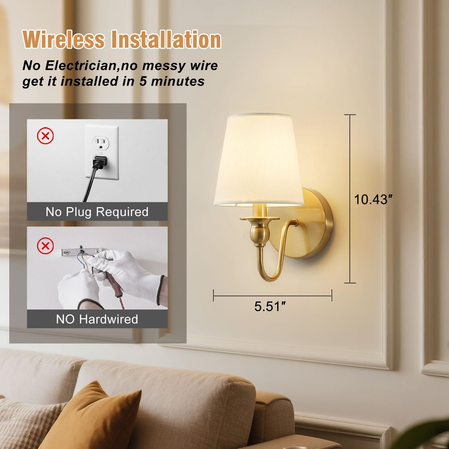 Battery Operated Wall Sconce Set of 2,Wireless Wall Sconces with 10000 mAh,RGB Rechargeable Sconces with Remote,Cordless Wall Lights for Bedroom,Living Room,Bathroom,Renter Friendly Home Decor (Gold)