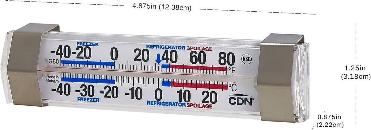 CDN FG80 Refrigerator/Freezer Thermometer | NSF Certified | Dual Scale -40 to 80°F | Ideal for Fridge & Freezer Monitoring | Stainless Clips | Durable Design | FG80