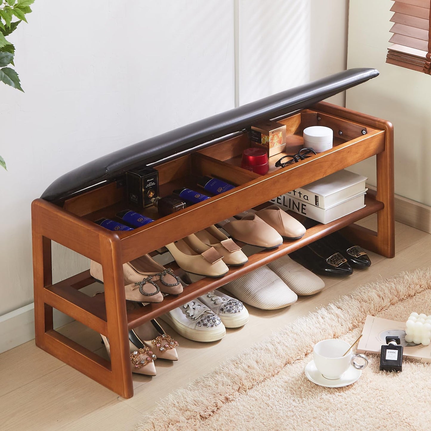 Jimenuco Solid Wood Shoe Rack for Entryway, 40" Shoe Storage Bench with Cushion, PU Upholstered 2-Tier Shoe Bench, Flip-Open Storage Compartment, Ideal for entryways, Closets, or mudrooms