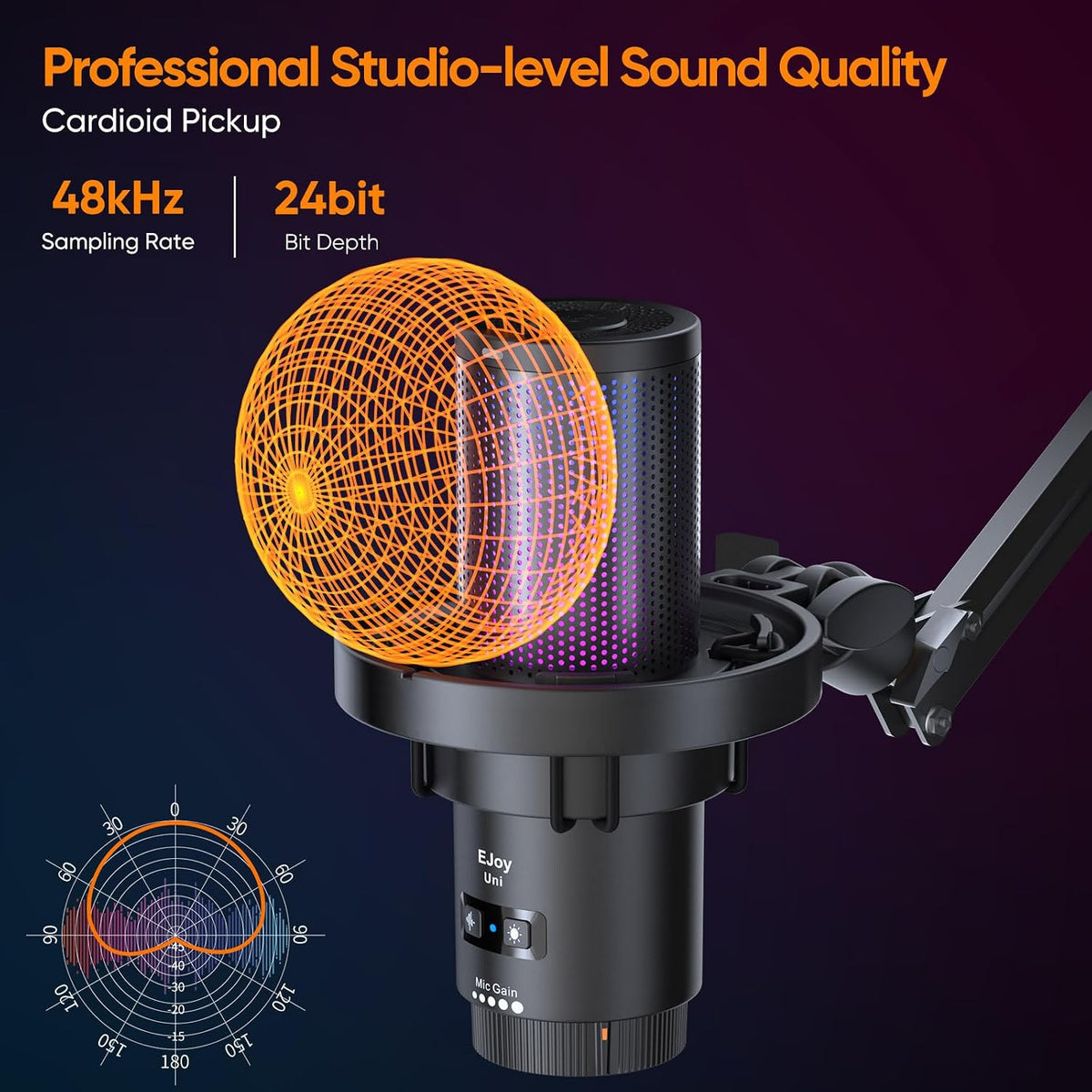 COMICA EJoy Uni USB Condenser Gaming for PC, PS4, PS5, USB C Phone, and Mac, Boom Arm RGB Computer Mic for Twitch, Streaming/Podcasting/YouTube, Noise Cancellation Mic with Mute, Gain, Monitoring