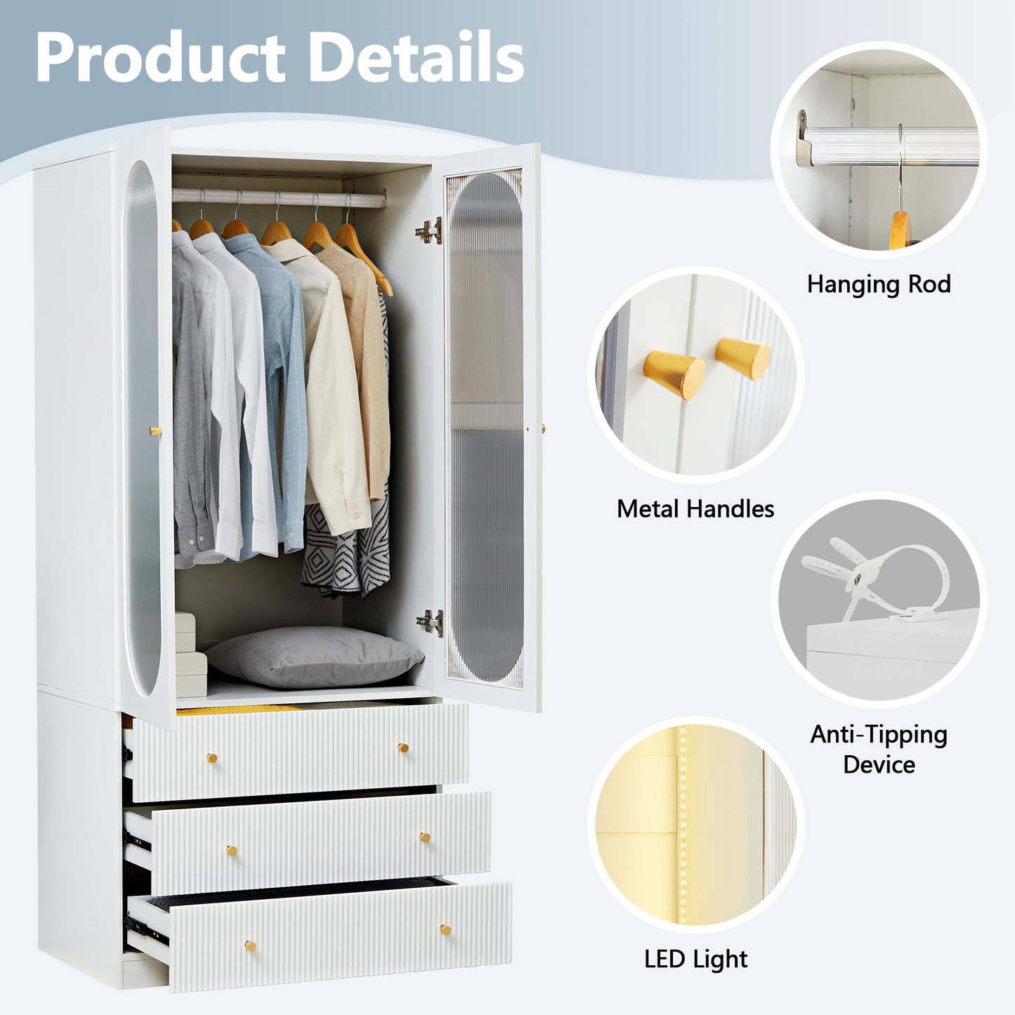 YUCHIATH 70" H Armoire Wardrobe Closet with 2 Glass Doors, Modern Wardrobe Closet with 3 Fluted Drawers and Hanging Rail, Armoire Clothing Organizer for Bedroom (White-2) (White-2)