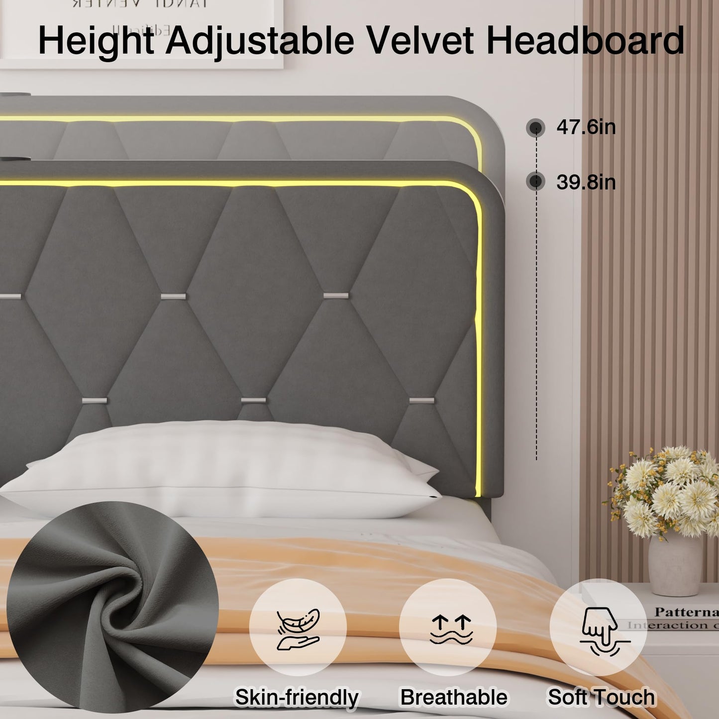 VECELO Upholstered Twin Bed Frame with Headboard Adjustable, Velvet Platform Bed with LED Lights, Charging Station, Mattress Foundation with Wooden Slats, Noise Free, No Box Spring Needed, Dark Grey