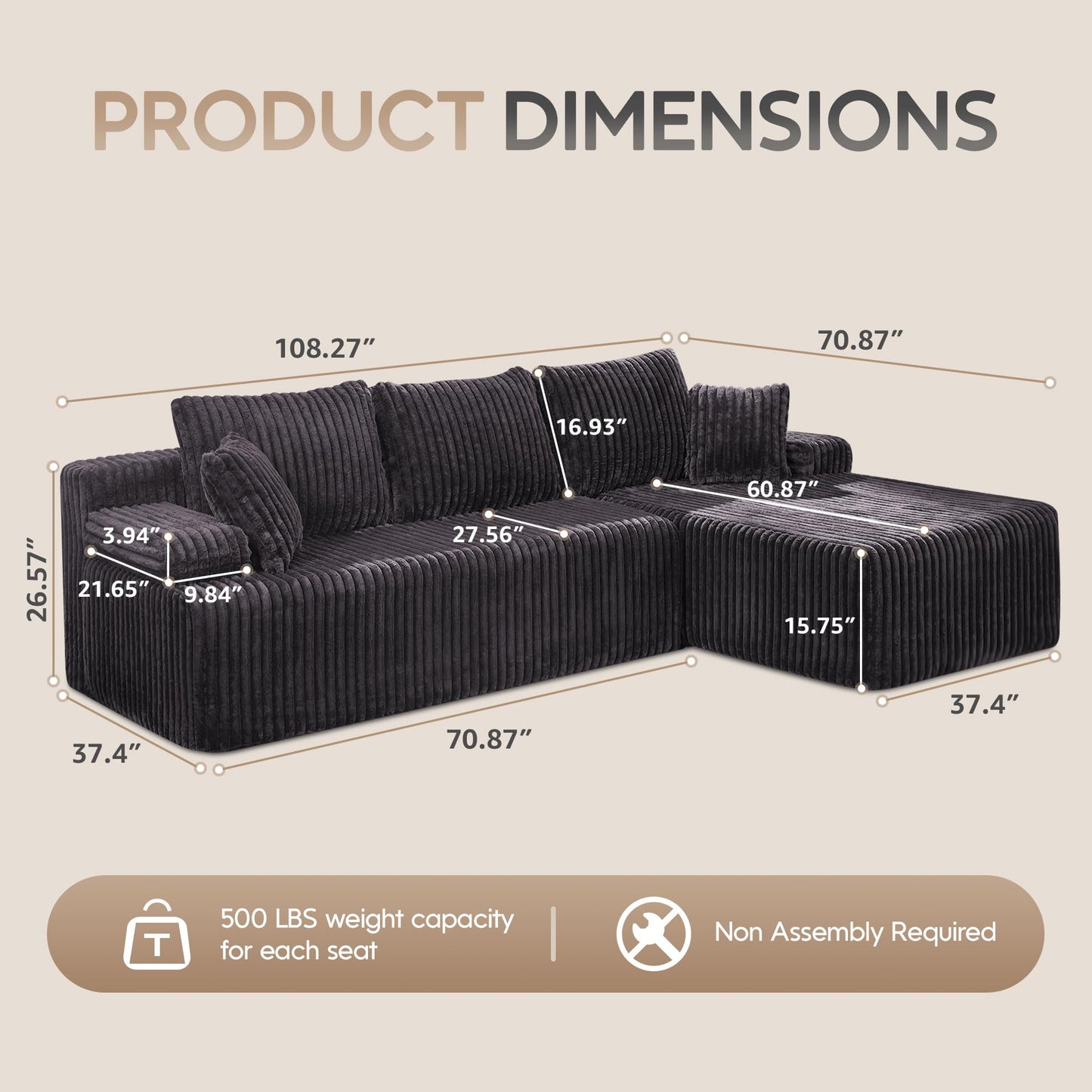Hobestluk Modular Sectional Sofa Couches 108" L-Shape Couch 3 Seat Modular Sofa Memory Foam Sectional Couches for Living Room, Boneless Couch with Oversized Chaise (Grey, Right Facing)