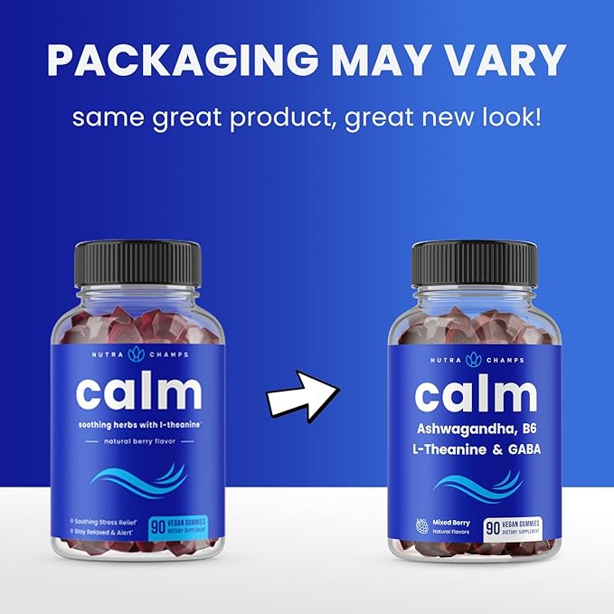 NutraChamps Calm Gummies, Stress Gummies Supplement with Ashwagandha, L-Theanine, GABA, Vitamin B6 & Lemon Balm, Supports Mood, Focus & Stress Relief, Natural Berry, 90 Gummies