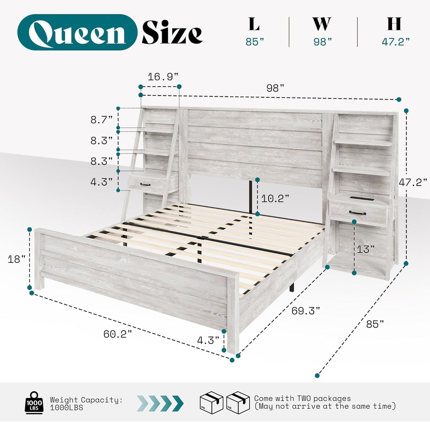 AMERLIFE Queen Bed Frame with Bookcase Headboard & 4-Tier Bedside Shelf, Farmhouse Platform Bed with Charging Station and 2 Drawers, Noise-Free,