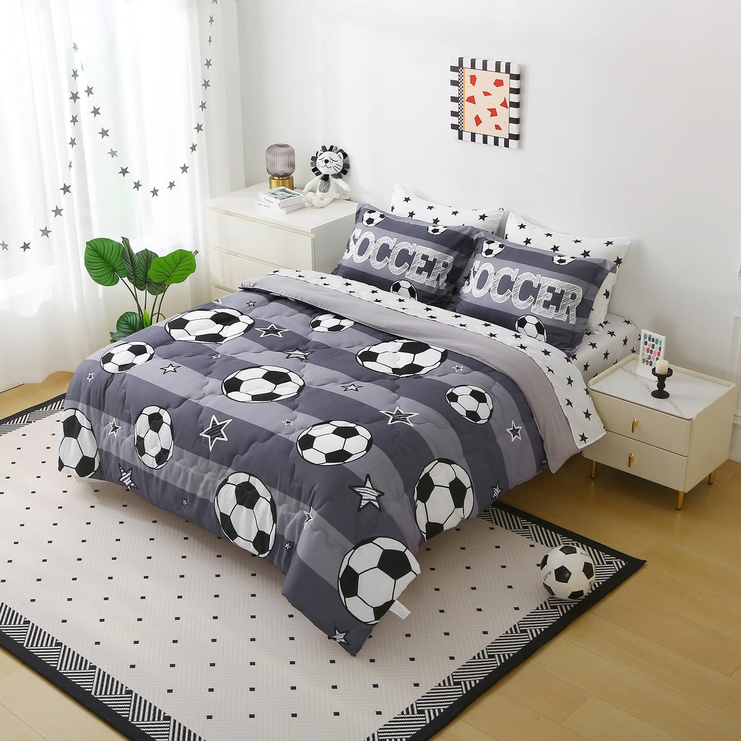 Gusuhome Boys Sports 7 Piece Soccer Comforter Set Twin Size 3D Football Playground Bedding Set for Kids Bed Set Gray(Comforter,Flat Sheet,Fitted Sheet and Pillow Sham)