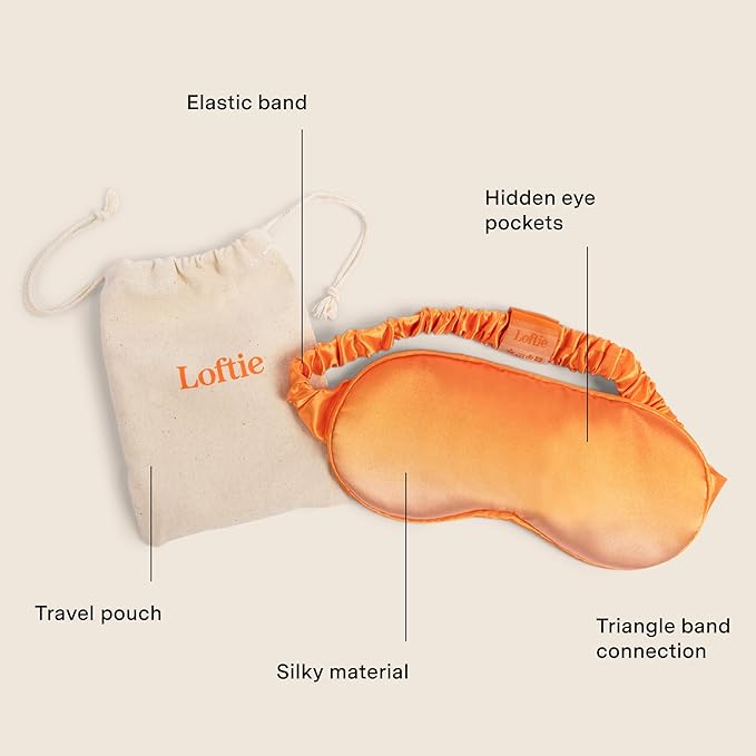 Loftie Silky Sleep Eye Mask - Light Blocking Sleep Mask - Silk Masks for Sleeping - Silky Material, Elastic Band, Low Tension Cups - for All Head Shapes and Sizes - Travel Pouch Included (Orange)