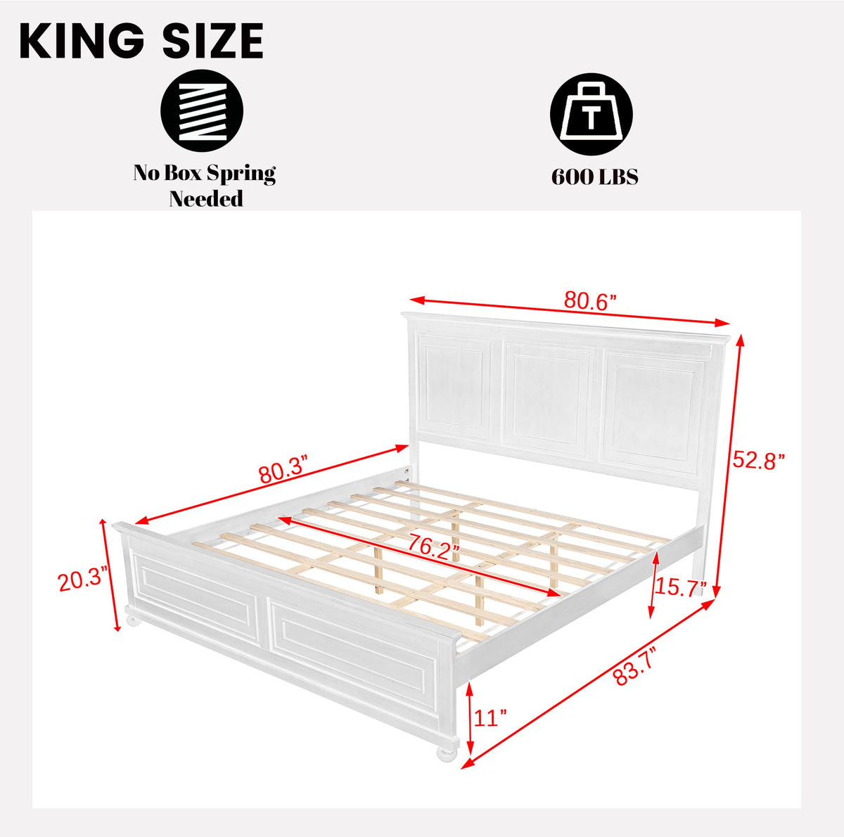 Duxelifin King Size Platform Beds for Bedroom, Tall Headboard King Bed Frame with Footboard, Pinewood Antique Bed Frame, Farmhouse Style, Noise-Free, No Box Spring Needed, White