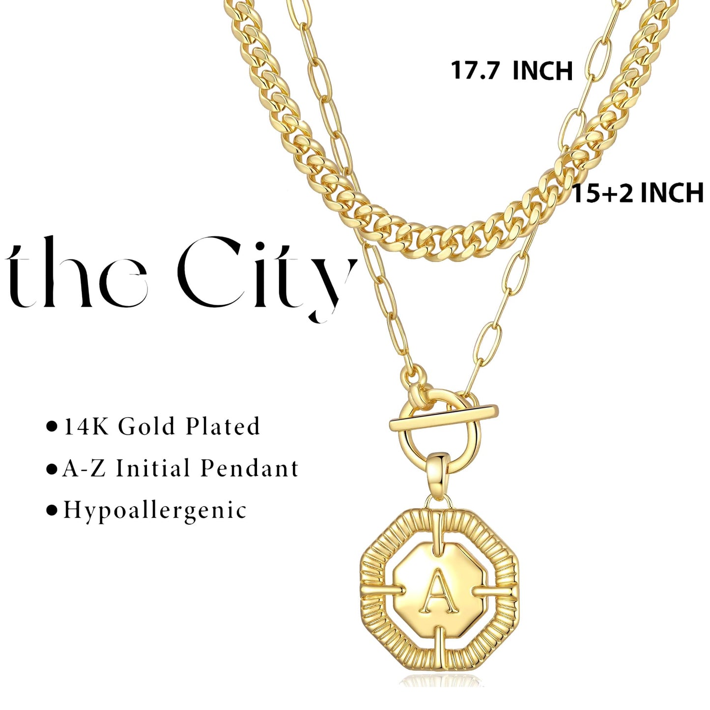 Layered Initial Necklaces for Women 14K Gold Plated Stackable Chunky Cuban Chain Choker Necklace Coin Letter Pendant Necklace Personalized Name Necklaces for Women Trendy Gold Jewelry Gift for Her