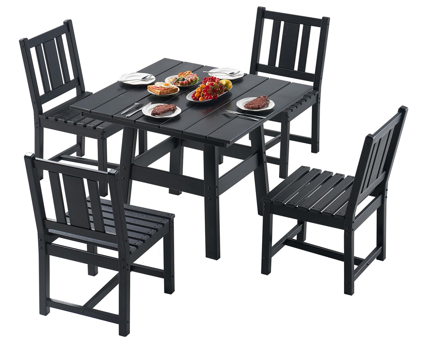 AMERLIFE 5 PCS Outdoor Dining Set with 4 Chairs, 36.8'' HDPE Outdoor Table and Chairs, Patio Dining Table Set with Umbrella Hole for Garden, Backyard and Poolside, Black