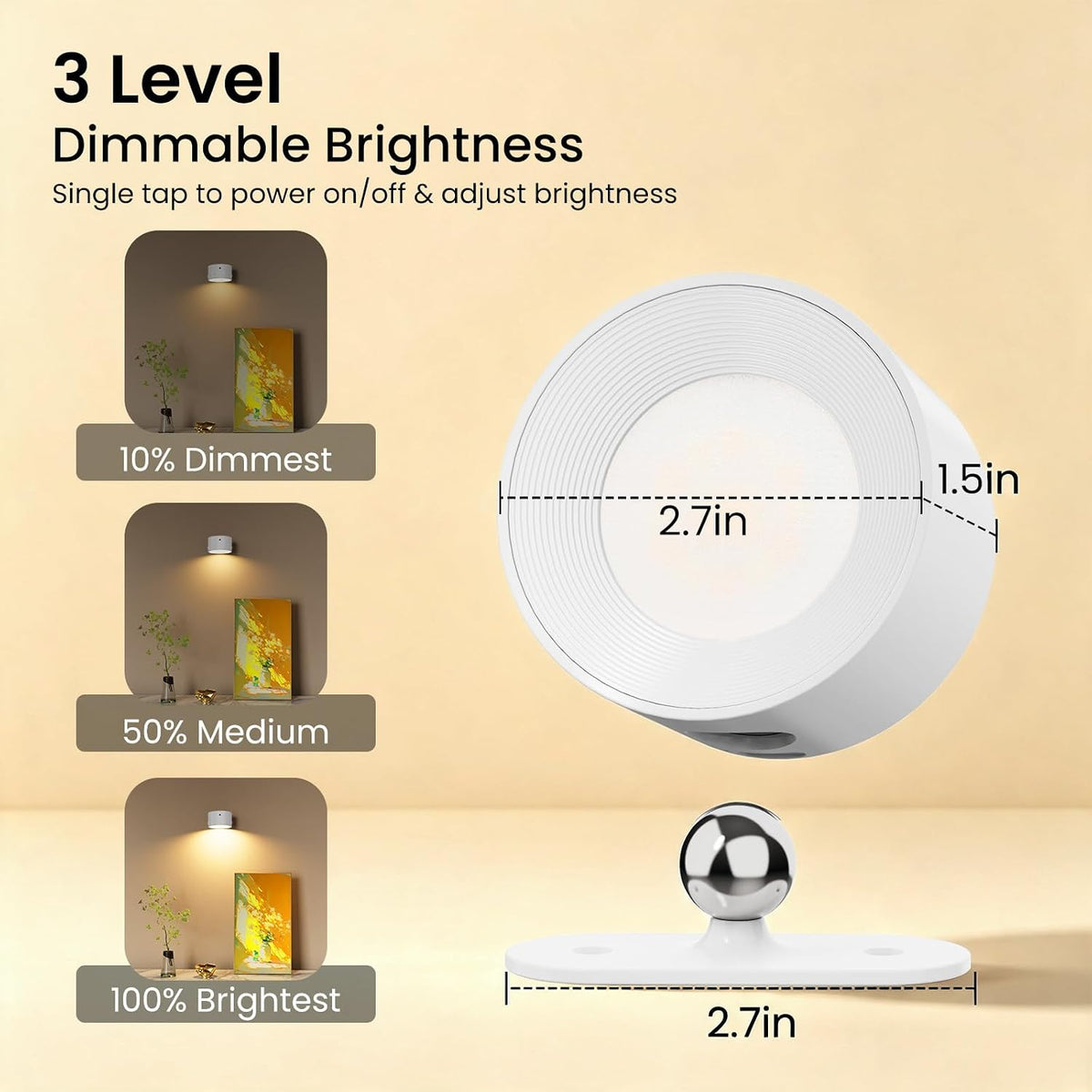 Koopala 3PACK Rechargeable LED Wall Sconce, Cordless Battery with Remote, Powered Wall Sconce, 3 Brightness Levels, 360° Swivel Magnetic Shade for Bedrooms, Hallways, Den and Reading Spaces（White）