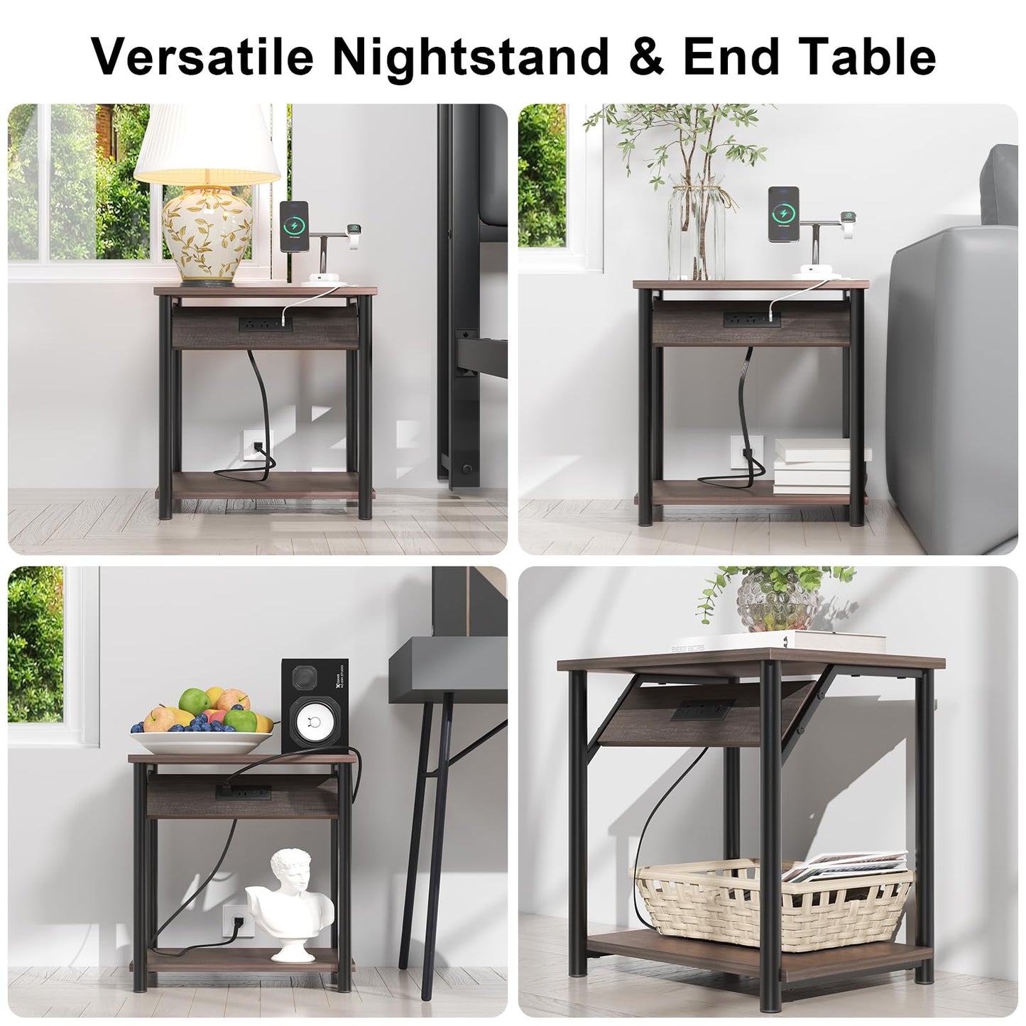 Nightstands Set of 2, Small End Tables with Charging Station, Modern Night Stands, Narrow Side Tables for Small Space, Bedside Tables with 2-Tier Storage Shelf for Living Room, Bedroom, Rustic Grey