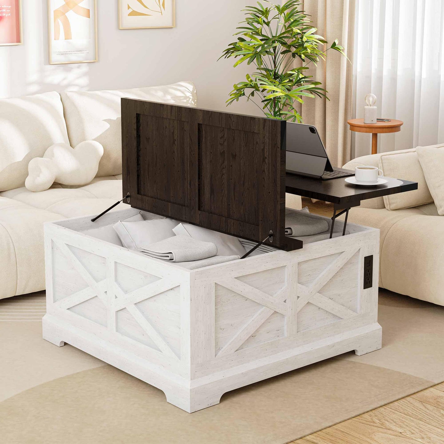 LAUSAINT HOME Farmhouse Lift Top Coffee Table with Large Hidden Storage Compartment, Wood Square Center Table with Lifting Top for Living Room, Home Office, White