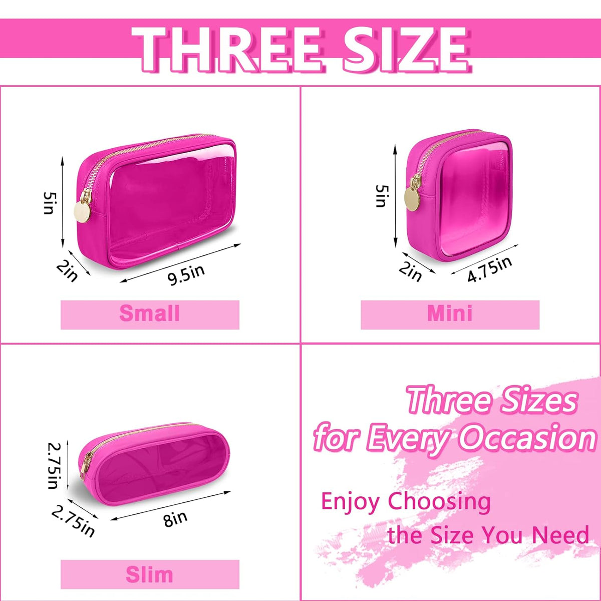 Clear Small Pencil Pouch Makeup Bag for Purse,Nylon&PVC Pencil Case Waterproof Makeup Brush Holder with Zipper,Preppy Transparent Pen Bag Travel Cosmetic Bag for Women Office(Slim-Hot Pink)