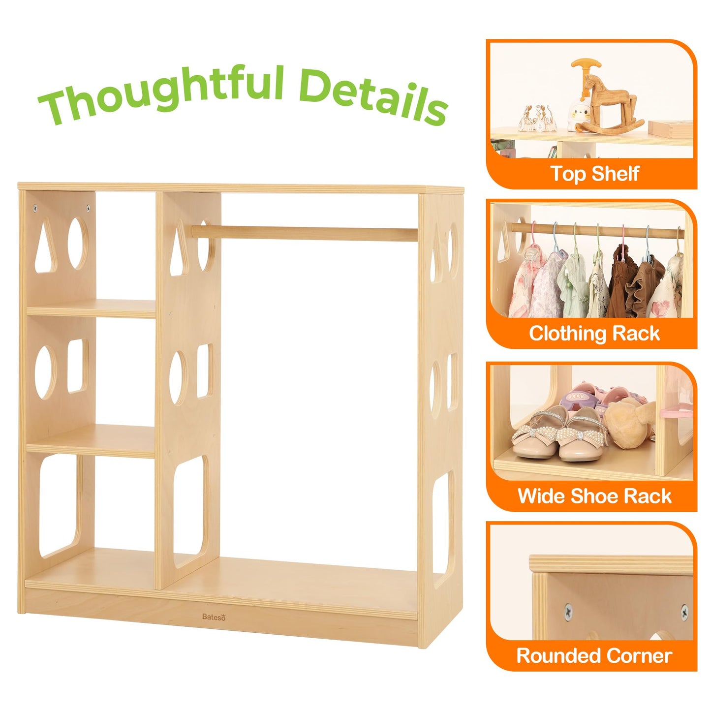 Bateso Kids Dress Up Storage for 1-3 Years Old Boys and Girls, Wooden Kids Wardrobe with Open Hanging Costume Area and Stroage Shelves, Baby Closet Organizer Center for Bedroom, Playroom
