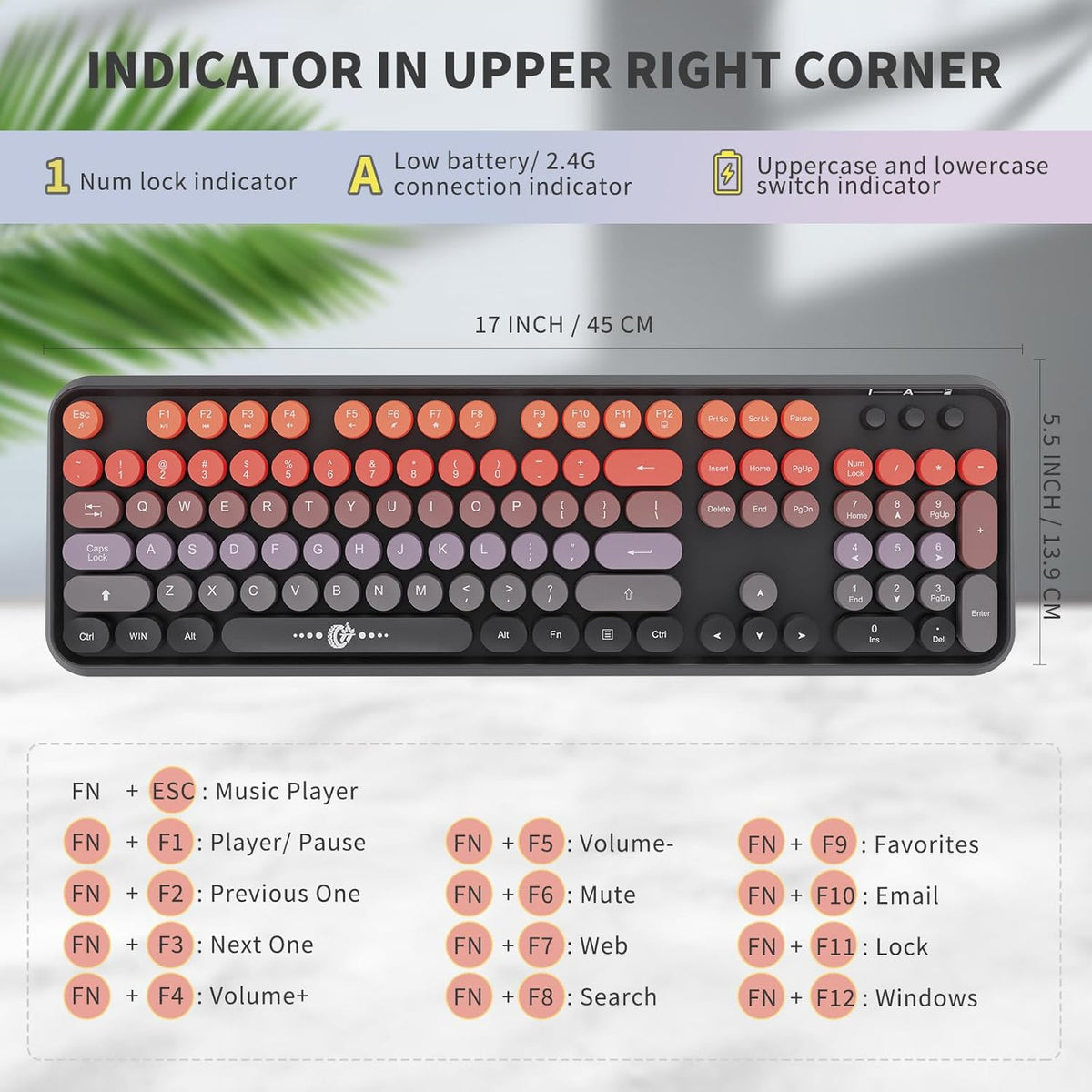 Orange Wireless Keyboard and Mouse,Full Size Retro Typewriter Round Keys