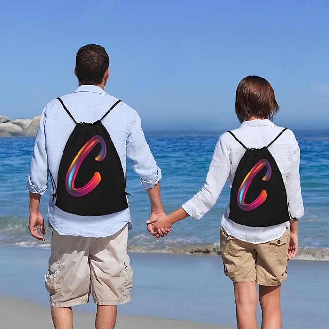 Drawstring Bags Initial Drawstring Backpack Sackpack Black Draw String Cinch Bags for Sports, Gym, Travel, Swimming, Beach, Camping, Rainbow Letter C