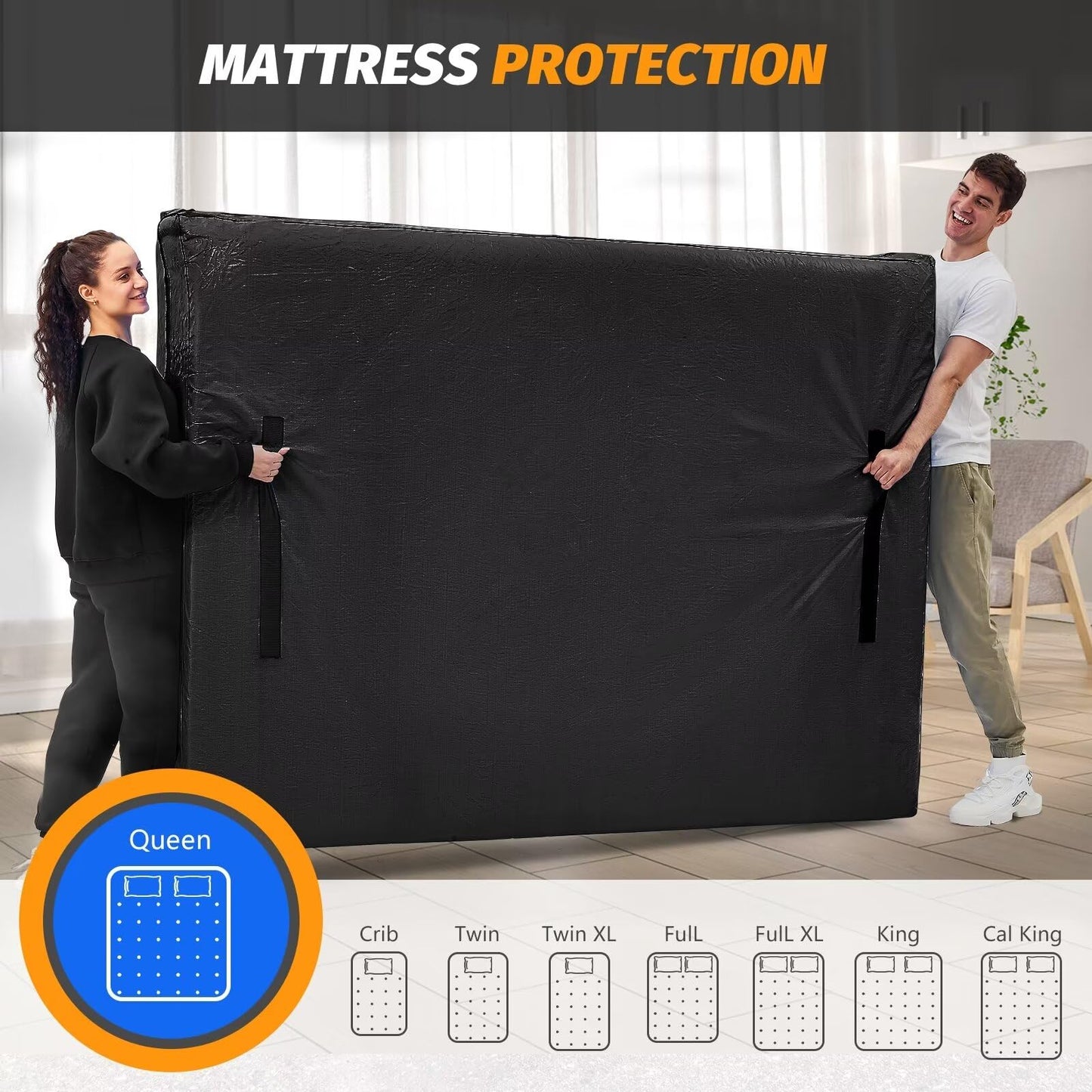 Mattress Bags for Moving, BETU Mattress Protector Waterproof Mattress Cover Queen Size Storage Bags with 8 Heavy-Duty Handles and Zipper for Bed Extra Thick Large Reusable (82"x62"x15" Black)