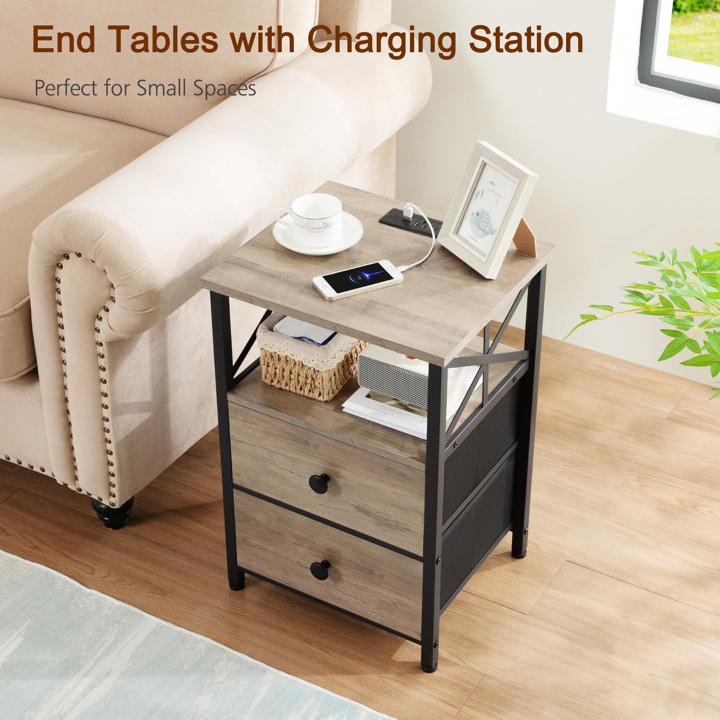 AMHANCIBLE Night Stand Set 2, Nightstand with Charging Station, End Tables Living Room with USB Ports and Outlets, Bedside Tables with Fabric Drawers for Bedroom, Greige HET05XGY