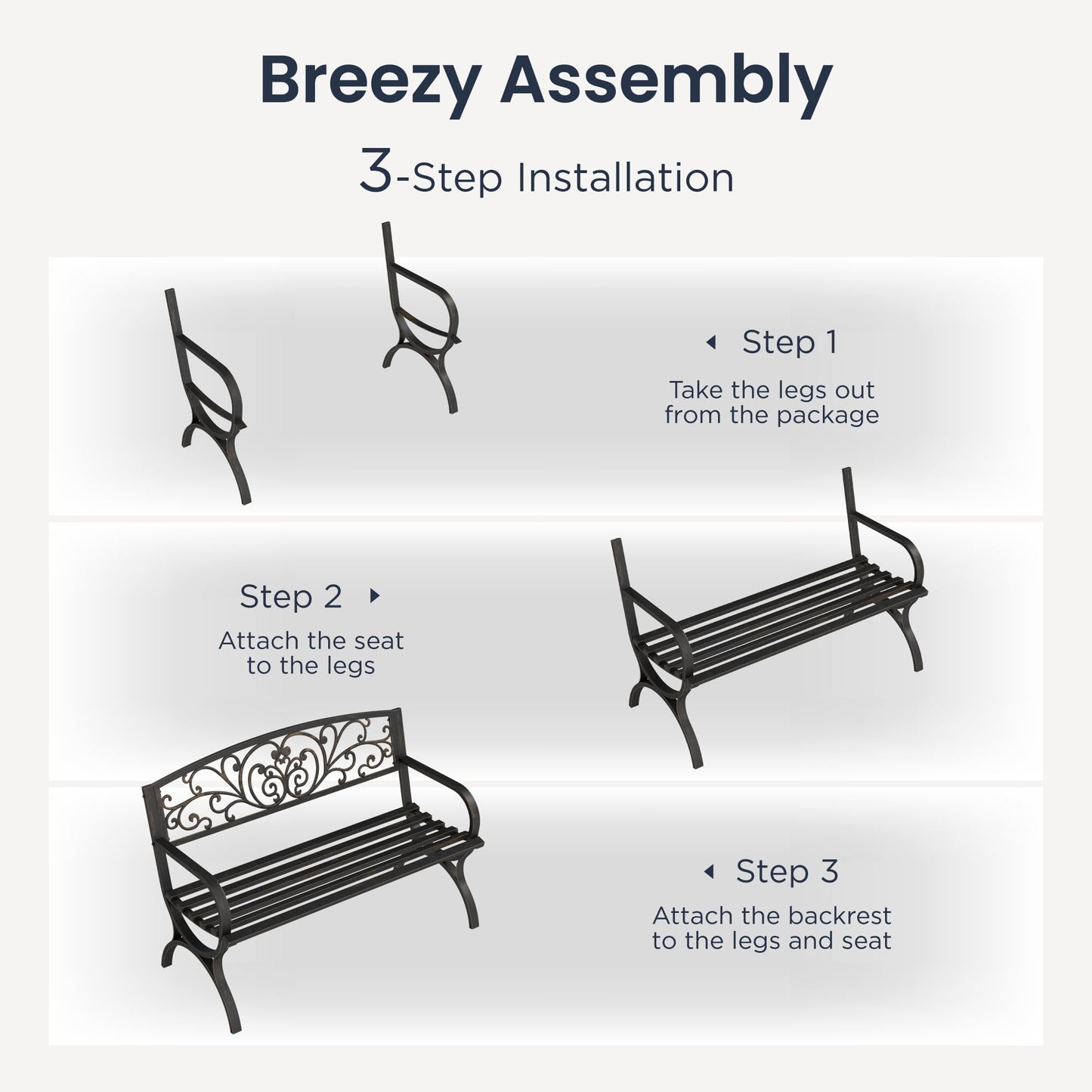 PHI VILLA 50" Garden Bench Outdoor Bench Patio Bench for Outdoors Metal Porch Steel Frame Furniture for Yard