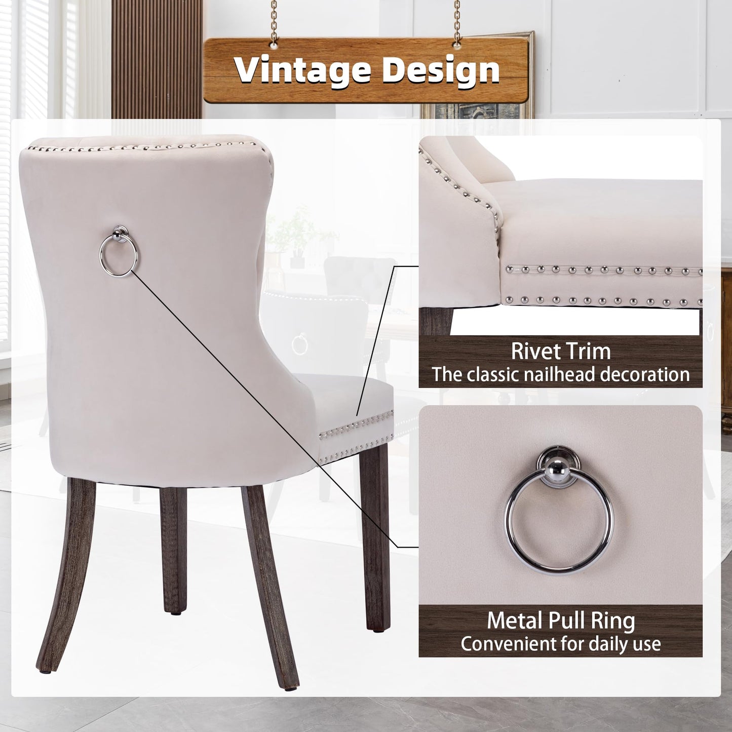 GOOLON Dining Room Chairs Set of 2, Velvet Button Tufted Dining Chairs with Rivet Trim Metal Pull Ring Wood Legs for Kitchen Restaurant Dining Room, Beige