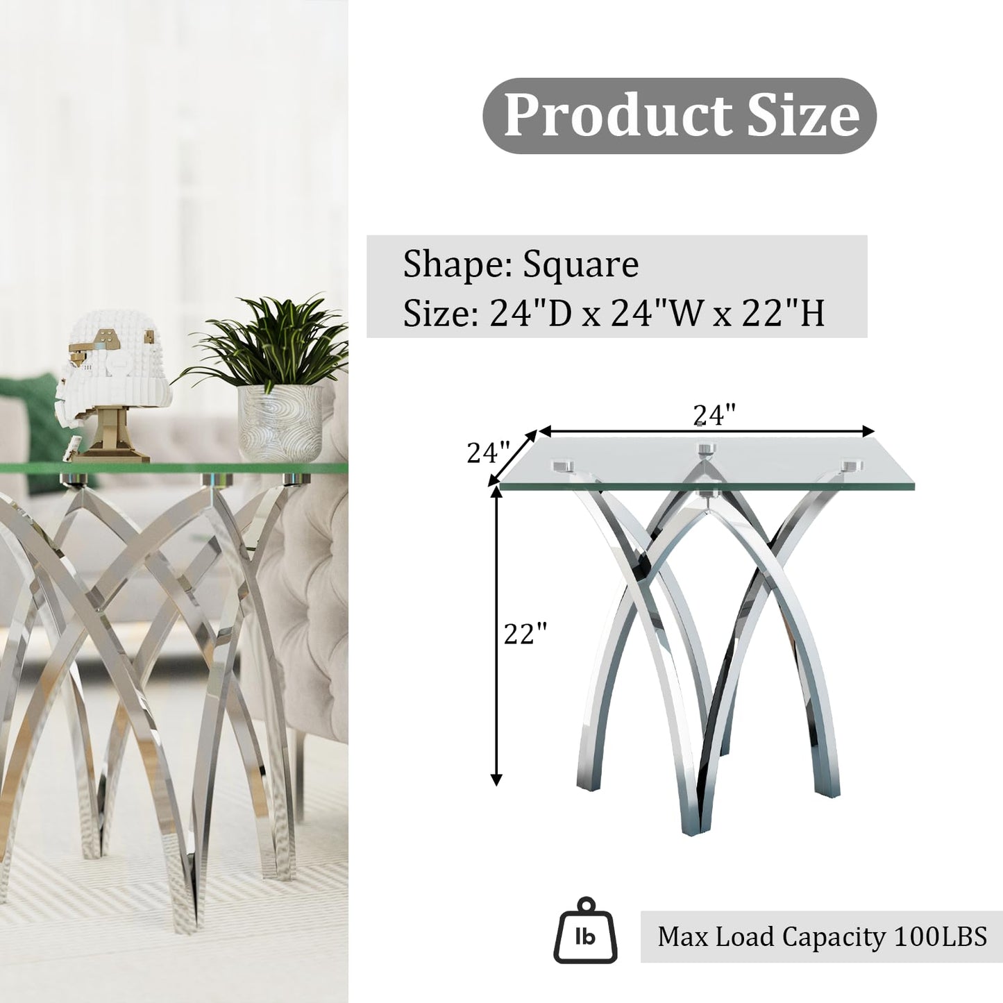 AUZ Glass End Table, 24" Square Side Table with Silver Crown Base for Home, Office