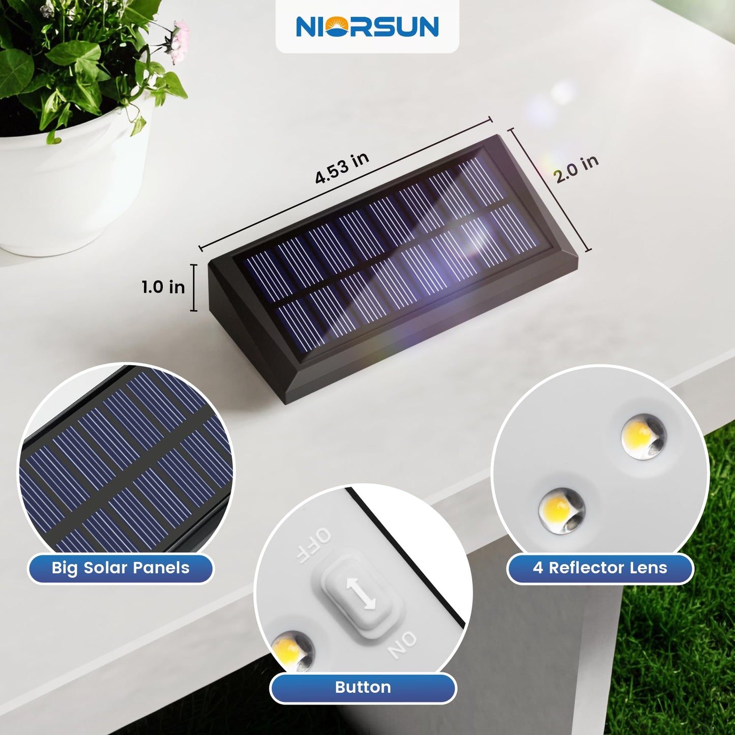 NIORSUN Solar Fence Lights 12 Pack, 3000K Warm White with 4 Spot Lenses, 100 Lumens Wider Coverage, IP65 Waterproof, Auto On/Off, Peel and Stick for Fence, Deck, Wall, Garden