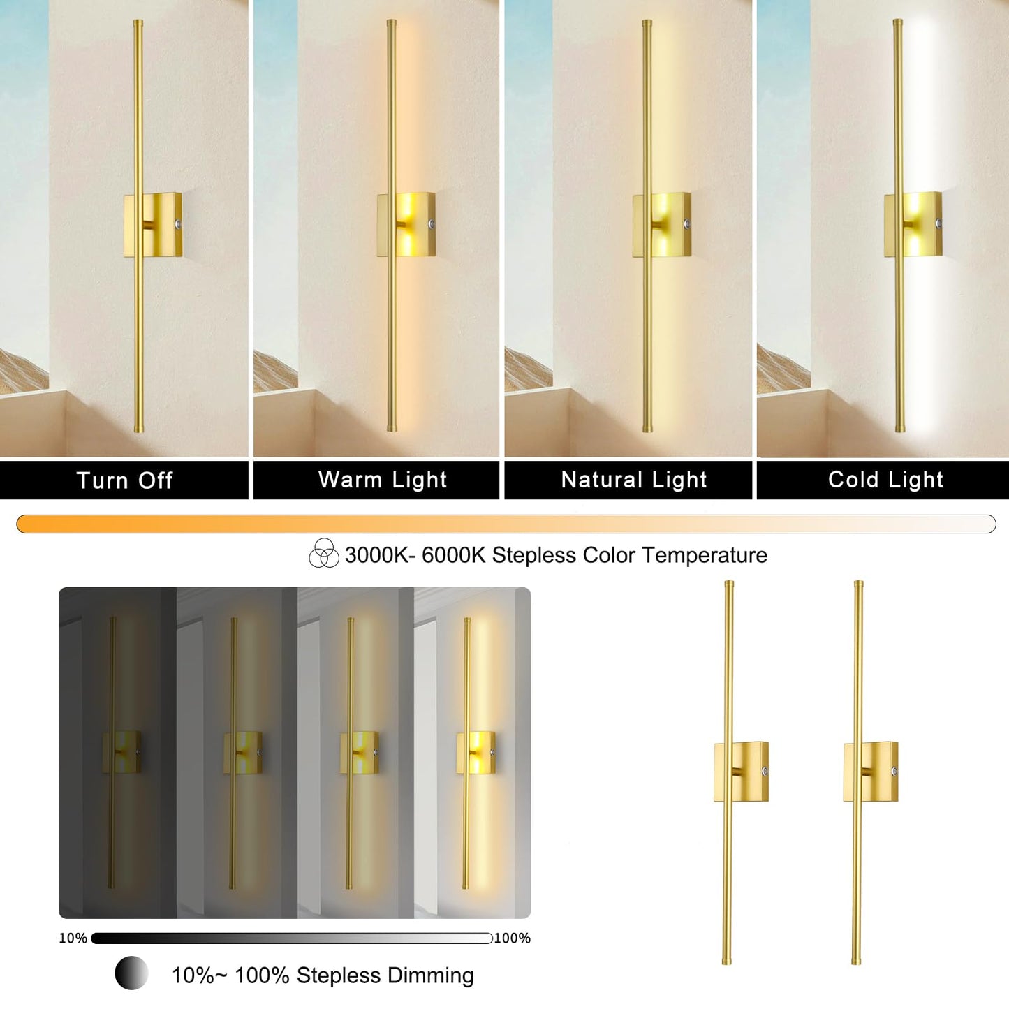 LED Wireless Wall Sconce with Remote Control (Set of Two), USB Rechargeable Battery Powered Indoor Wall Lamps, Dimmable, 360° Rotate,Timing, 28.3 inch Gold Wall Lights for Hallway/Living Room/Bedroom