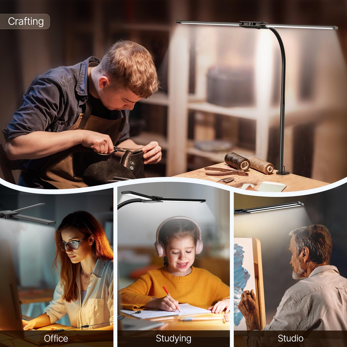 Syrinx LED Desk Lamp for Home Office – Eye-Caring Dual Head Desk Light with Flexible Gooseneck, Clamp, Gesture/Wired Control, 50 Lighting Modes with Memory/Timer for Study, Crafting