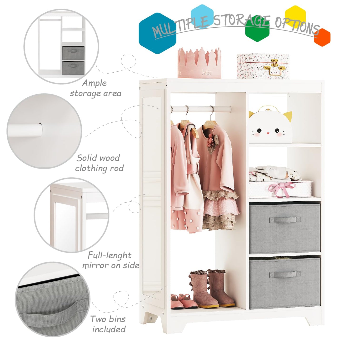 UTEX Kids Dress Up Storage with Full Length Mirror, Kids Armoire with 2 Storage Bins, Opening Hanging Costume Closet Wardrobe for Kids, Pretend Storage Closet Armoire Dresser for Kids Room