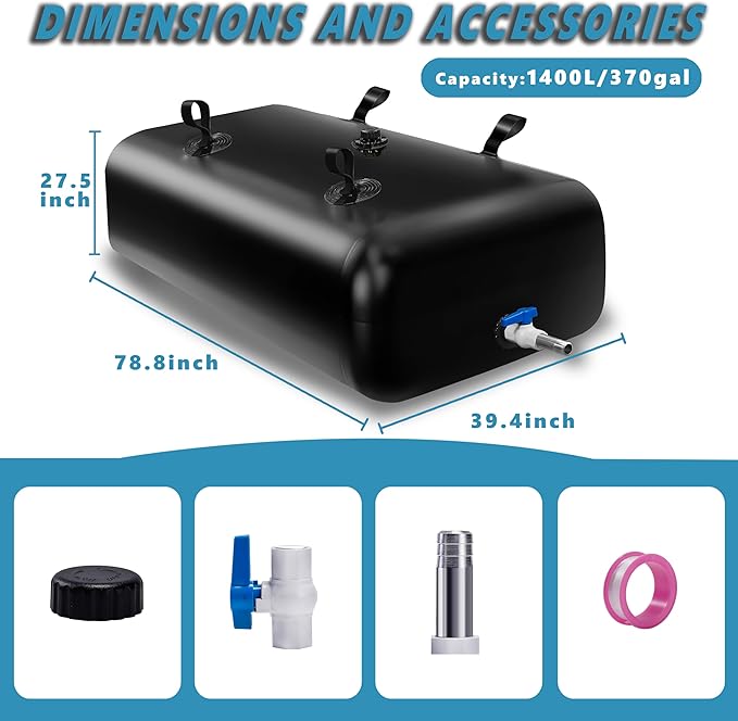1400 L/370 Gal Water Bladder Tank, Foldable Portable Water Storage Container, Emergency Water Bag for RV, Truck Bed, Fire Prevention, Drought Resistance, Black