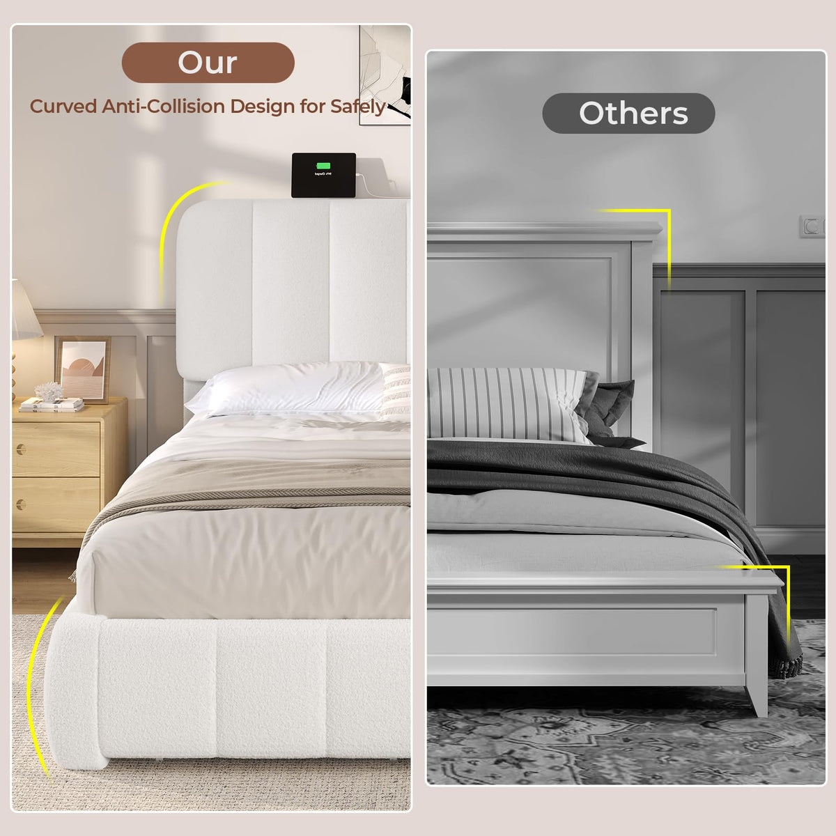 BTHFST Queen Blouce Bed Frame with Storage Drawers and Headboard, Cloud Upholstered Platform Bed Frame, Adjustable Headboard, Soft Rounded Corners, No Box Spring Needed, Easy Assembly, White
