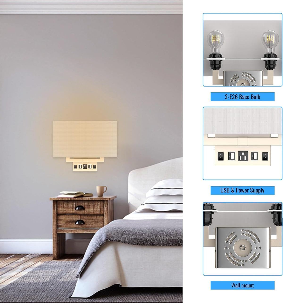 Wall Sconces Set of two Modern Bathroom Light Fixtures with Outlet Indoor Bedside Wall Lamps Set with USB Ports and Outlet, E26 Base, 120V, Brushed Nickel Finish, Iron Body, White Fabric Shade