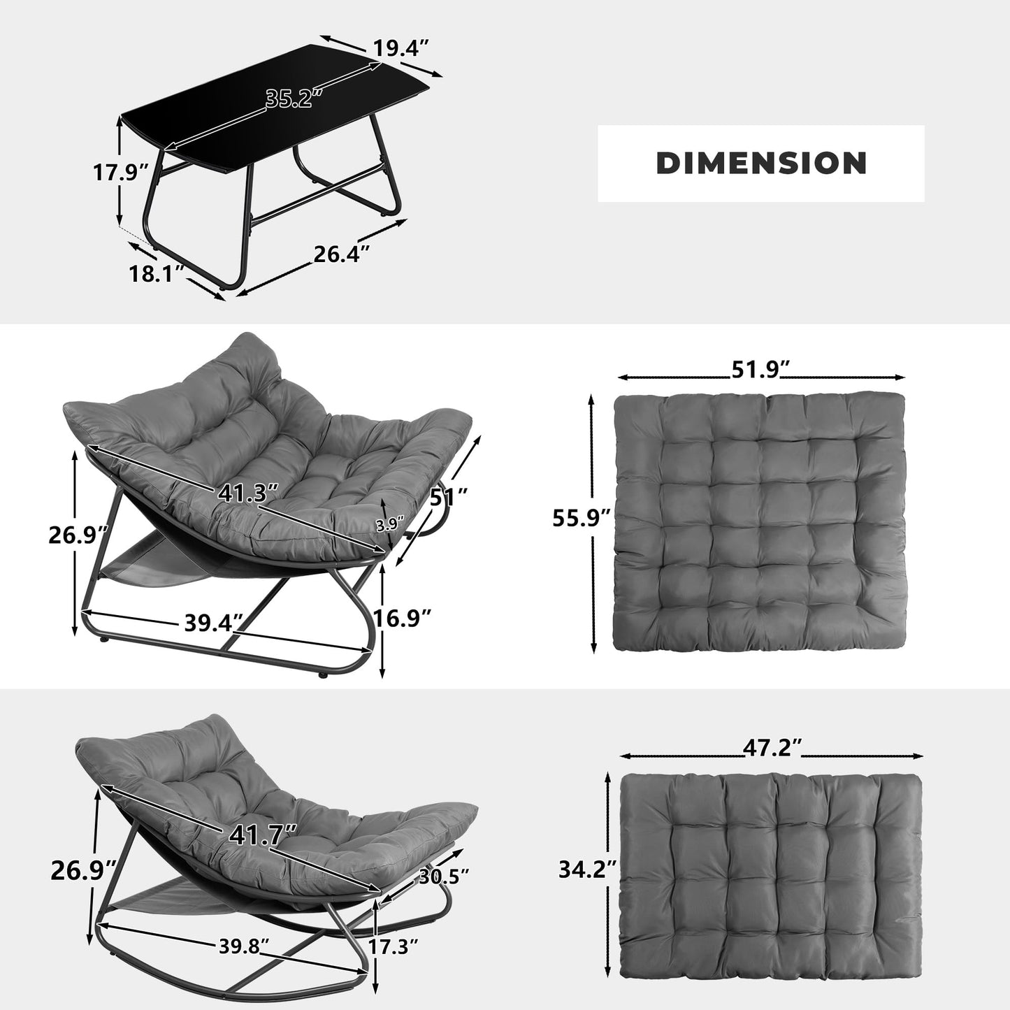 NOBLEMOOD 4 Pieces Patio Loveseat Set with Coffee Table, Outdoor Furniture Set with 2 Rocking Chairs, Outdoor Metal Conversation Set with Cushions, Oversized Rocker Chair, Coffee Table for Porch