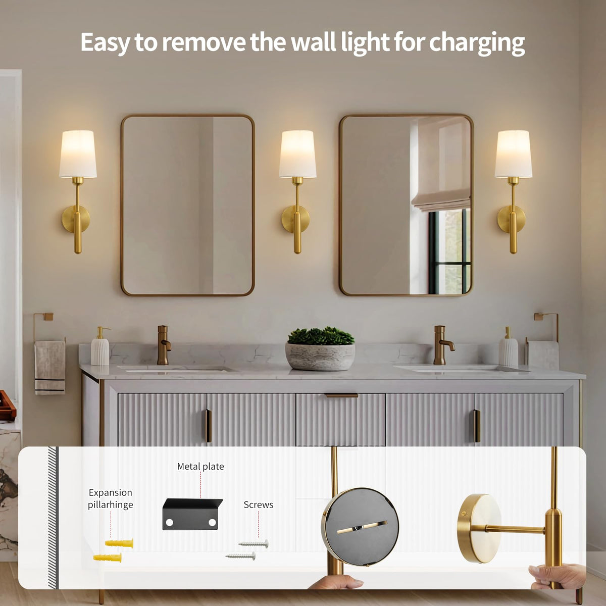 Powfloven Gold Wireless Battery Operated Wall Sconce Set of 2, Cordless Battery Powered Wall Lights with Remote, Dimmable Rechargeable Wall Lamp Decor in Door for Bedroom Living Room, 5000mAH