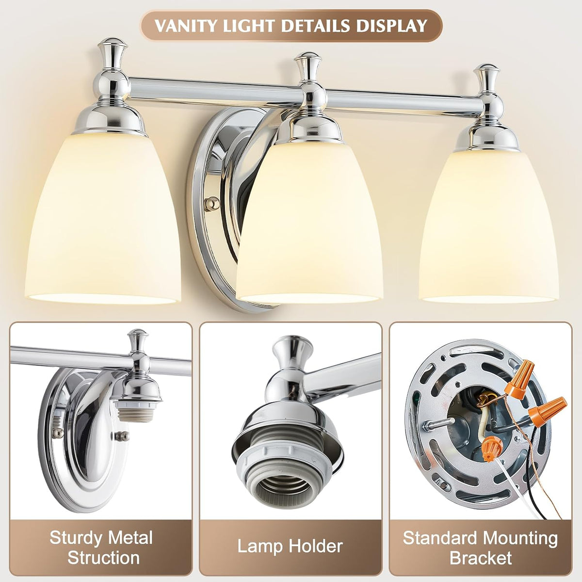 EJIAXIN Bathroom Light Fixtures, 3 Light Bathroom Lighting Fixtures Over Mirror Wall Mounted Lighting Chrome Vanity Light for Living Room Cabinet