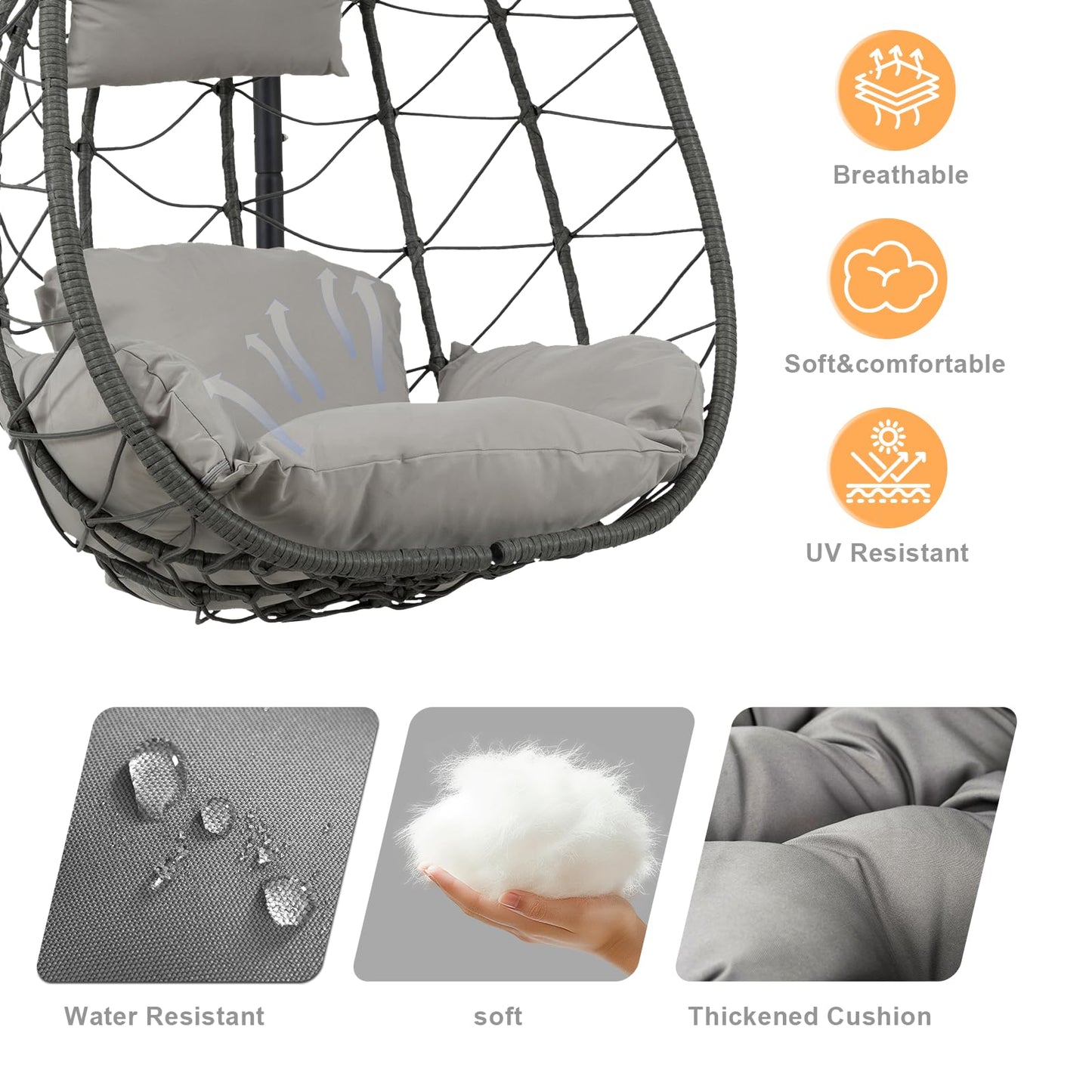 Hanging Egg Chair with Stand Egg Chair Indoor Outdoor, Patio Swing Hammock Egg Chairs, UV Resistant Removable & Washable Thicken Padded Cushions, 350LBS Capacity for Bedroom, Balcony, Garden, Grey