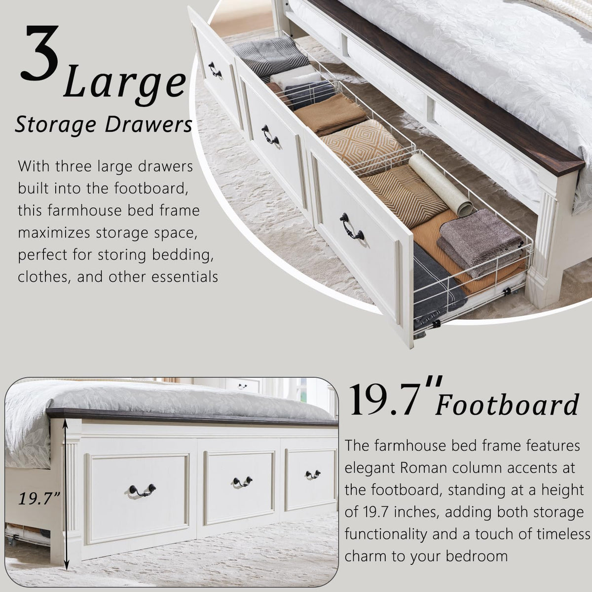 Aitjunz Farmhouse King Size Bed Frame with 51" Tall Headboard, Wood Platform Bed Frame with 20" Tall Roman Column Decoration Footboard & 3 Large Storage Drawers, No Box Spring Needed (White)
