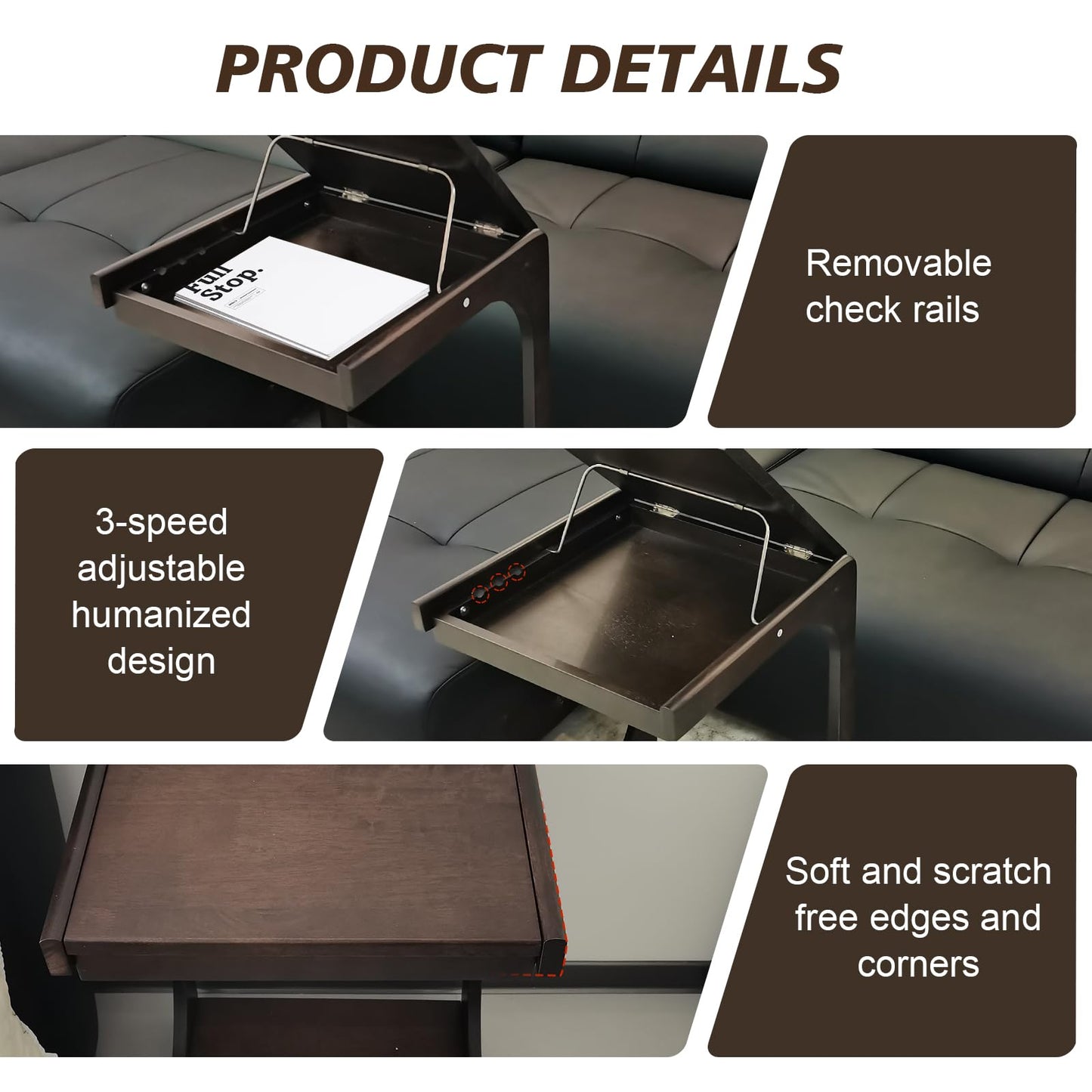 Solid Wood C Shaped End Table,Wooden Side Tables for Couch with Rolling Wheels, Adjustable Desktop TV Tray Table for Narrow Living Rooms Bedrooms & Small Spaces - Compact Sofa sode & Bedside Tables